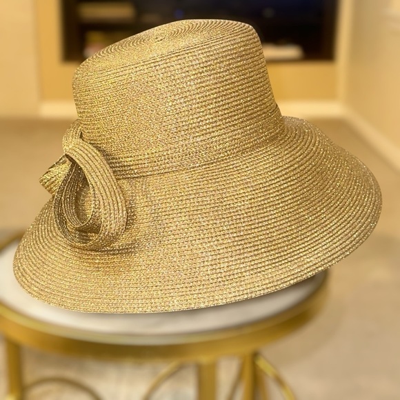 Elegant Gold Shimmer Wide Brim Hat with Sculpted Bow – Fine Millinery by August main image 4